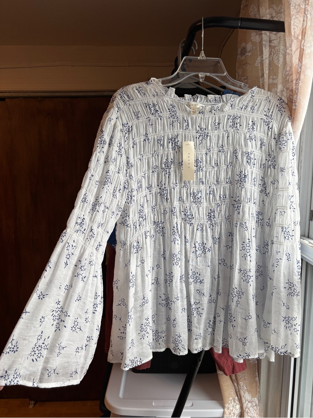NWT Adiva Sheer Floral White & Blue Boho Smocked Bell Sleeve Blouse | Women’s XL